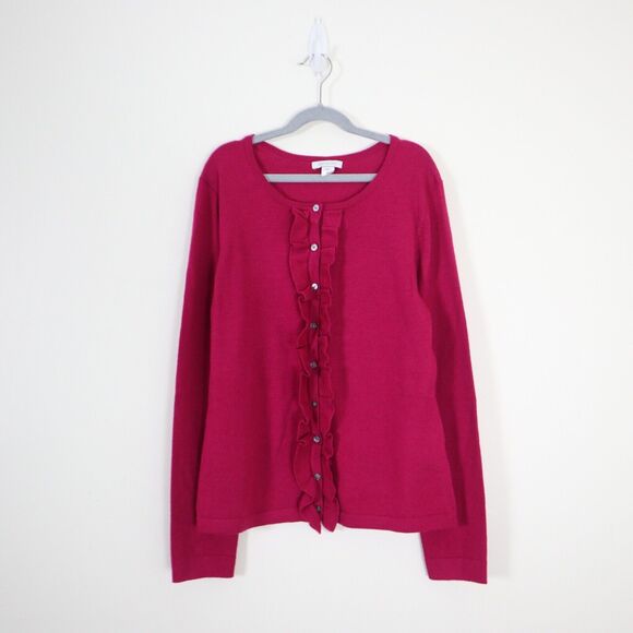 Garnet Hill Size M 100% Merino Wool Ruffle Cardigan Fine Knit Pink Fuchsia - Picture 1 of 9